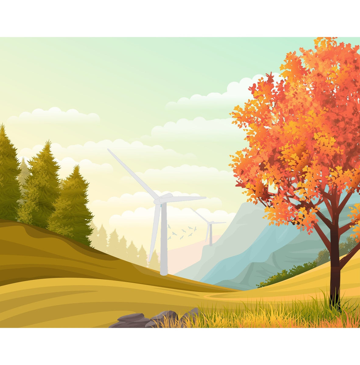 Image of an autumn valley with green pine trees on the left, a large wind turbine in the middle, and a red orange tree in the foreground on the right.  It is a cloudy sky with green and brown grass in the foreground.