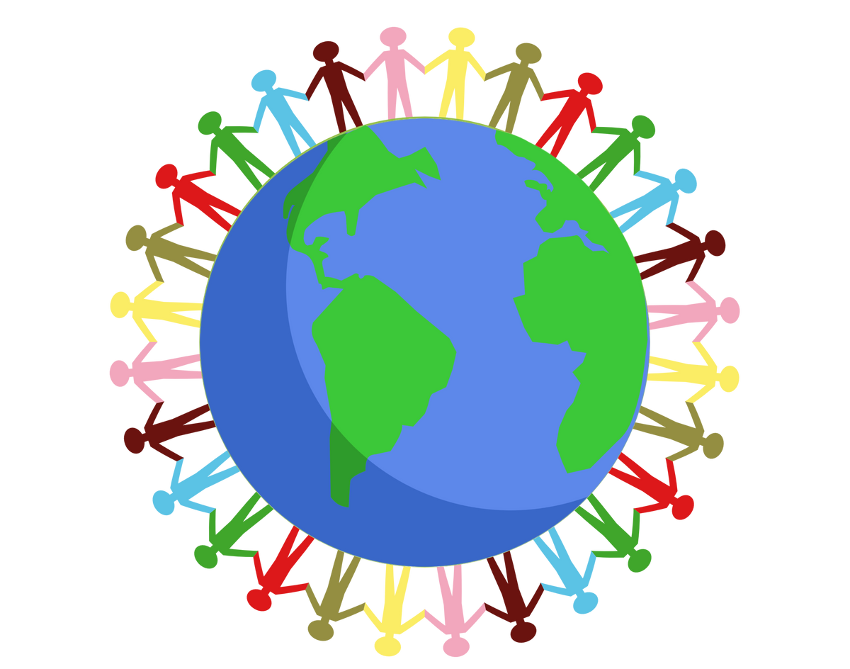 An image of a blue and green globe with various colors of silhouettes of people standing on top and around it, all holding hands