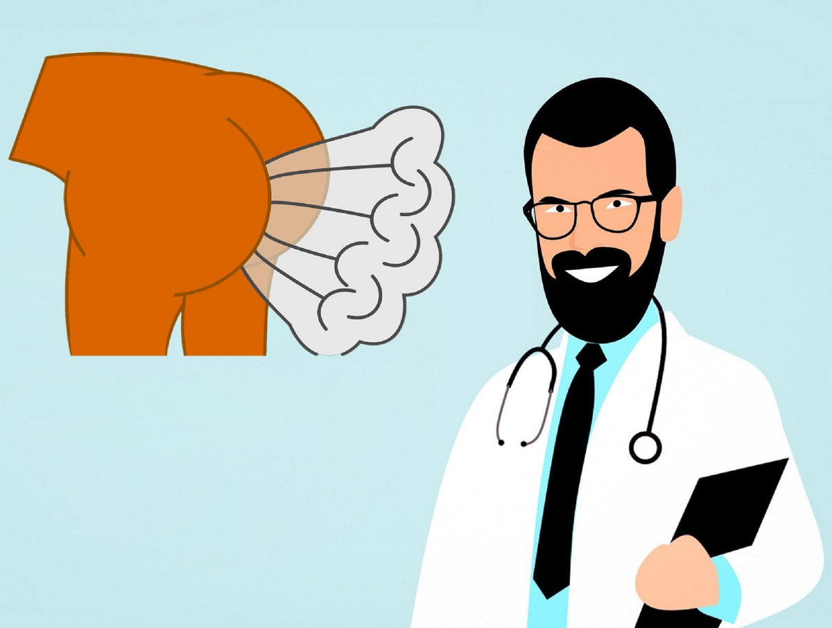 Image of a bearded man in a physician's coat with glasses and a stethoscope next to a drawing of a human posterior passing gas